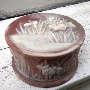 Beautiful Round Vintage Incolay Stone Carved Irises/Orchids Trinket/Jewelry Box